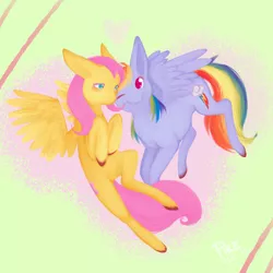 Size: 850x850 | Tagged: safe, artist:piikunen, derpibooru import, fluttershy, rainbow dash, pegasus, pony, female, flutterdash, hooves to the chest, lesbian, mare, shipping, spread wings, wings