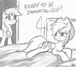 Size: 800x711 | Tagged: suggestive, artist:johnjoseco, derpibooru import, applejack, rainbow dash, earth pony, pegasus, pony, the mysterious mare do well, appledash, bed, blushing, female, grayscale, lesbian, looking back, mare, monochrome, prone, shipping