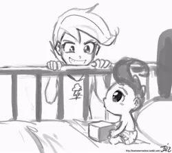 Size: 800x711 | Tagged: artist:johnjoseco, baby, bed, derpibooru import, duo, duo male, grayscale, grin, human, humanized, jealous, male, monochrome, pound cake, safe, scootaloo, smiling
