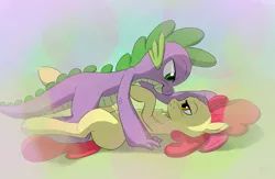 Size: 1299x849 | Tagged: suggestive, artist:sharpy, derpibooru import, apple bloom, spike, dragon, earth pony, pony, abstract background, blushing, chest fluff, eye contact, female, interspecies, looking at each other, male, mare, older, on back, shipping, spikebloom, straight