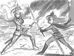 Size: 1100x825 | Tagged: artist:johnjoseco, clothes, derpibooru import, duo, duo female, female, fight, grayscale, human, humanized, military uniform, monochrome, princess celestia, princess luna, safe, sword, uniform, warrior celestia, warrior luna, weapon