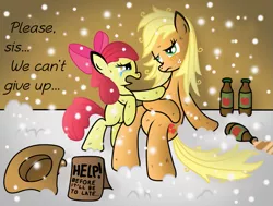 Size: 819x618 | Tagged: semi-grimdark, artist:ziemniax, derpibooru import, apple bloom, applejack, earth pony, pony, apple cider, apple sisters, begging, crying, dialogue, dirty, duo, duo female, female, filly, foal, hard times, homeless, mare, scratches, siblings, sign, sisters, sitting, snow, snowfall