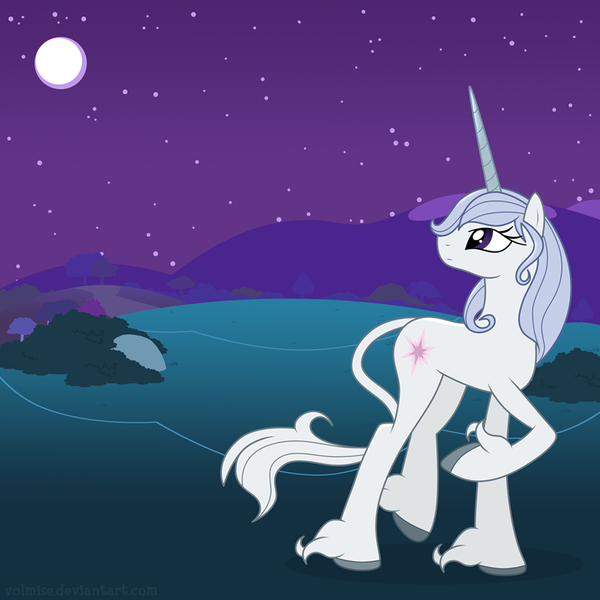 Size: 900x900 | Tagged: safe, artist:volmise, derpibooru import, ponified, classical unicorn, pony, unicorn, amalthea, crossover, female, leonine tail, looking back, mare, moon, night, raised hoof, solo, the last unicorn, unshorn fetlocks