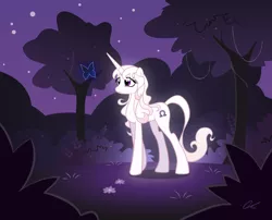 Size: 900x727 | Tagged: safe, artist:shockowaffel, derpibooru import, ponified, butterfly, pony, unicorn, amalthea, female, mare, night, solo, the blue butterfly, the last unicorn