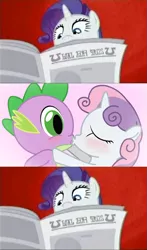 Size: 473x807 | Tagged: safe, derpibooru import, edit, edited screencap, screencap, rarity, spike, sweetie belle, dragon, pony, unicorn, ponyville confidential, blushing, female, filly, i'll destroy her, kissing, male, mare, meme, newspaper, shipping, spikebelle, straight