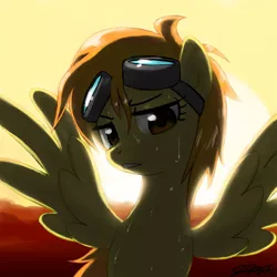 Size: 900x900 | Tagged: safe, artist:johnjoseco, derpibooru import, spitfire, pegasus, pony, alternate hairstyle, backlighting, female, goggles, image, jpeg, looking at you, mare, photoshop, solo, sweat