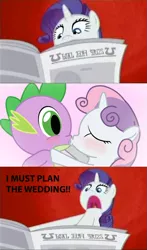 Size: 473x807 | Tagged: safe, derpibooru import, edit, edited screencap, screencap, rarity, spike, sweetie belle, dragon, pony, unicorn, ponyville confidential, caption, female, filly, i must plan the wedding, i'll destroy her, image macro, kissing, male, mare, meme, newspaper, ponibooru leftovers, shipper on deck, shipperity, shipping, spikebelle, straight