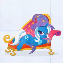 Size: 3000x3000 | Tagged: safe, artist:pixelkitties, derpibooru import, trixie, pony, unicorn, cutie mark, fainting couch, felt, female, hat, high res, hooves, horn, lidded eyes, lineless, looking at you, looking back, lying down, mare, prone, smiling, solo, sploot, trixie's cape, trixie's hat