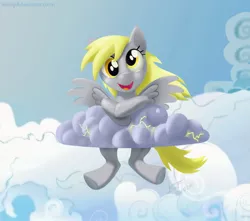 Size: 1909x1690 | Tagged: safe, artist:tavogdl, derpibooru import, derpy hooves, pegasus, pony, cloud, cloudy, female, lightning, mare, smiling, solo, stormcloud