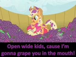 Size: 1193x893 | Tagged: suggestive, derpibooru import, edit, edited screencap, screencap, apple bloom, applejack, earth pony, pony, apple sisters, bucket, caption, duo, eyes closed, female, filly, foal, graped, grapes, hub logo, imminent rape, mare, open mouth, pun, siblings, sisters, smiling, whitest kids you know