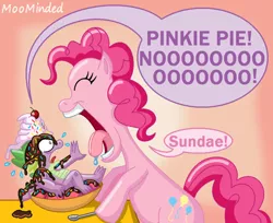 Size: 812x662 | Tagged: suggestive, artist:meanmotorscooter, artist:moominded, derpibooru import, pinkie pie, spike, dragon, earth pony, pony, bowl, cherry, female, fetish, food, gradient background, imminent vore, male, mare, open mouth, pinkie pred, rip spike, spikeprey, tongue out, whipped cream