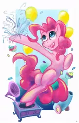 Size: 698x1080 | Tagged: safe, artist:hobbes-maxwell, derpibooru import, pinkie pie, earth pony, pony, balloon, confetti, cupcake, female, gramophone, jumping, mare, open mouth, party cannon, record player, smiling, solo