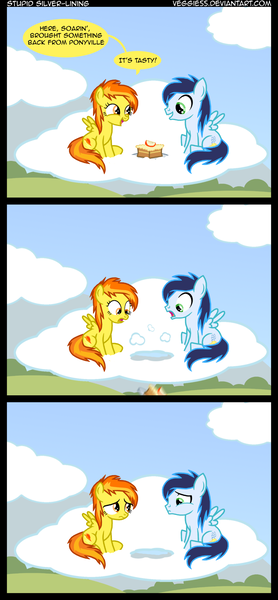 Size: 932x2014 | Tagged: dead source, safe, artist:veggie55, derpibooru import, soarin', spitfire, pegasus, pony, cloud, colt, comic, cutie mark, duo, female, filly, food, male, on a cloud, open mouth, pastry, pie, reality ensues, sad, sitting, sitting on cloud, speech bubble, spread wings, wings, younger