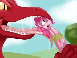 Size: 900x675 | Tagged: dead source, suggestive, artist:kloudmutt, derpibooru import, basil, pinkie pie, dragon, earth pony, pony, basilpie, bondage, dragons eating horses, drool, female, femsub, fetish, head first, imminent vore, kitchen eyes, male, maledom, mare, shipping, straight, submissive