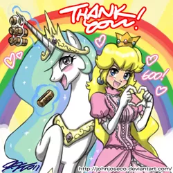 Size: 900x900 | Tagged: safe, artist:johnjoseco, derpibooru import, princess celestia, alicorn, pony, beer, blushing, crossover, female, mare, mario, nintendo, photoshop, princess peach, princess peachlestia, rainbow, super mario bros.