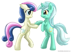 Size: 1500x1105 | Tagged: safe, artist:smockhobbes, derpibooru import, bon bon, lyra heartstrings, sweetie drops, earth pony, pony, unicorn, bipedal, eye contact, female, fluffy, holding hooves, looking at each other, mare, simple background, smiling, transparent background