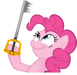 Size: 990x960 | Tagged: safe, derpibooru import, pinkie pie, earth pony, pony, female, keyblade, kingdom hearts, look what pinkie found, mare, meme, simple background, smiling, solo, transparent background