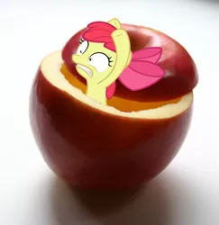 Size: 1792x1840 | Tagged: safe, derpibooru import, apple bloom, earth pony, pony, apple, apple pony, female, filly, panic, solo