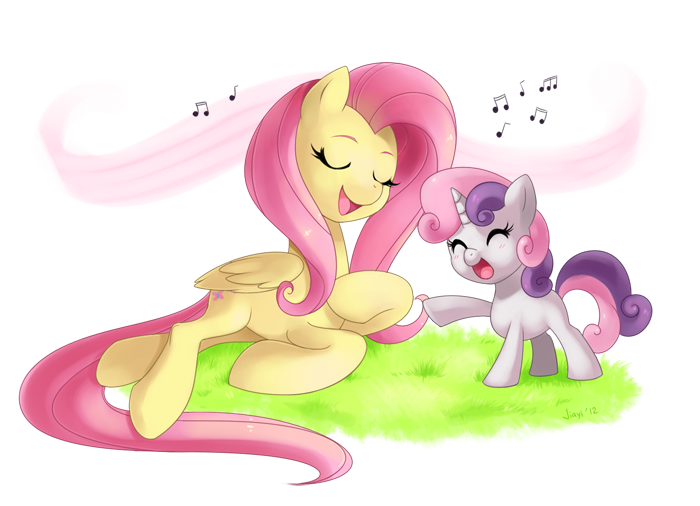 Size: 700x506 | Tagged: dead source, safe, artist:jiayi, derpibooru import, fluttershy, sweetie belle, pegasus, pony, unicorn, cute, diasweetes, eyes closed, female, filly, grass, mare, shyabetes, singing, smiling