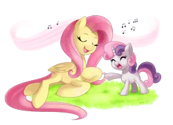 Size: 700x506 | Tagged: dead source, safe, artist:jiayi, derpibooru import, fluttershy, sweetie belle, pegasus, pony, unicorn, cute, diasweetes, eyes closed, female, filly, grass, mare, shyabetes, singing, smiling