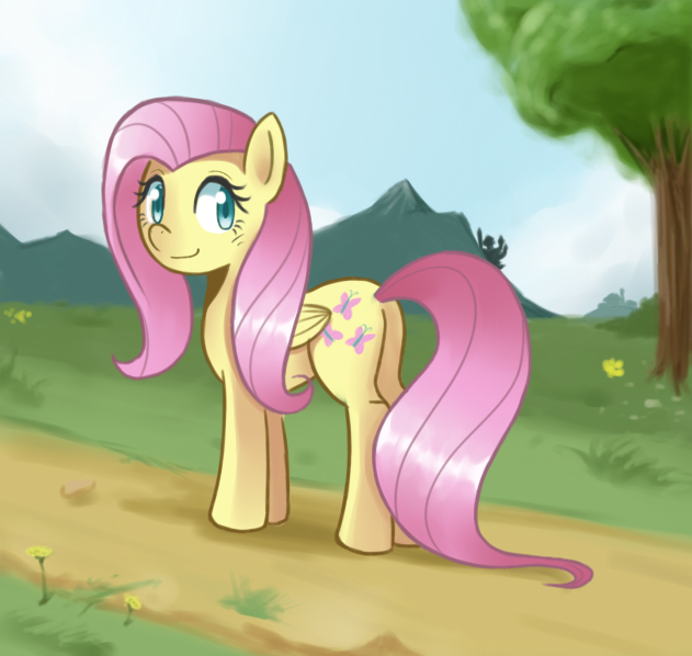 Size: 631x598 | Tagged: safe, artist:sallymon, derpibooru import, fluttershy, pegasus, pony, female, flutterbutt, looking back, mare, plot, smiling, solo, tree