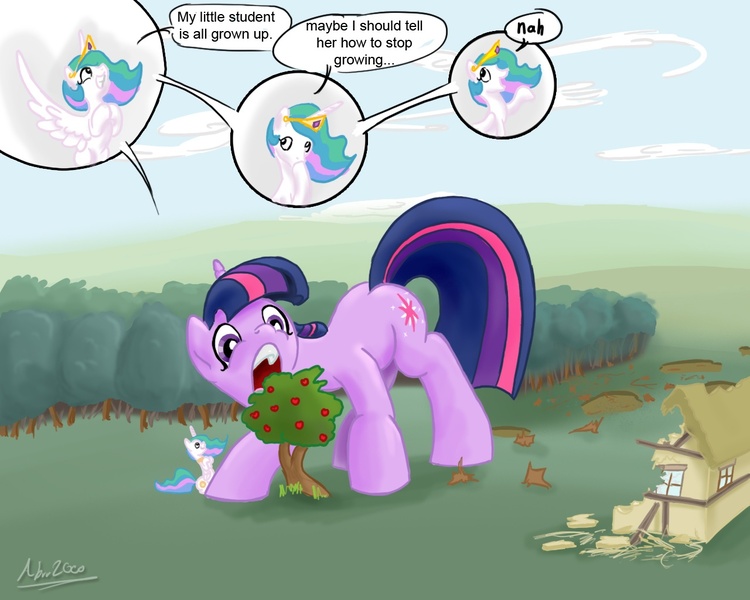 Size: 1280x1024 | Tagged: safe, artist:shieltar, derpibooru import, princess celestia, twilight sparkle, alicorn, pony, unicorn, comic:giant twilight, apple tree, destruction, dialogue, duo, duo female, eating, female, giant pony, giantess, growth, house, macro, mare, signature, sillestia, silly, tree, trollestia, unicorn twilight