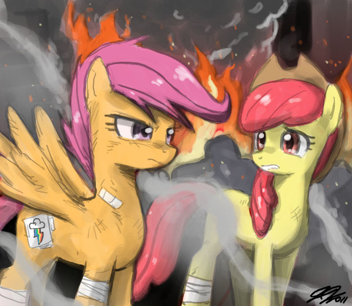 Size: 900x780 | Tagged: safe, artist:johnjoseco, derpibooru import, apple bloom, scootaloo, earth pony, pegasus, pony, adult, conveniently obscured cutie marks, female, fire, mare, photoshop, smoke