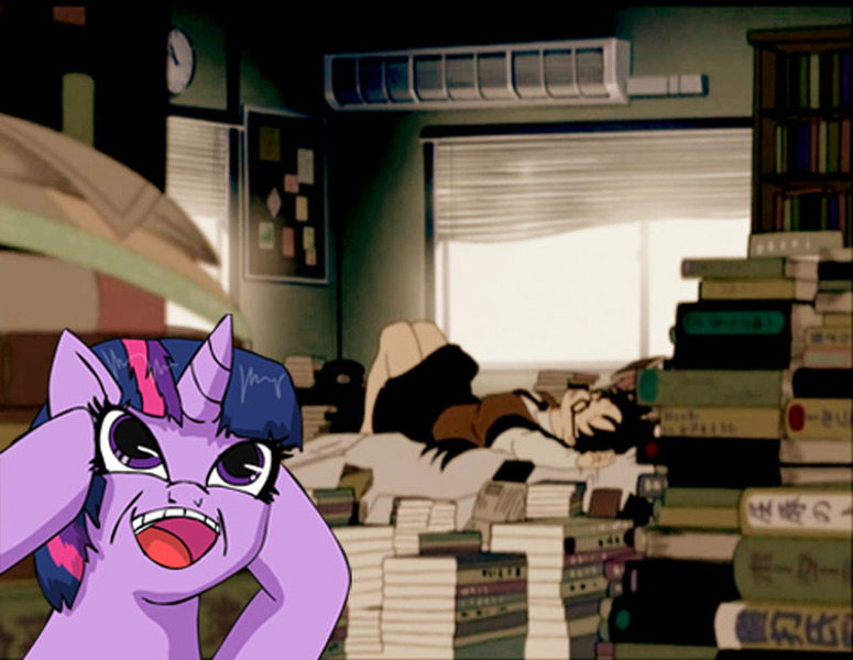 Size: 800x619 | Tagged: safe, derpibooru import, twilight sparkle, human, pony, unicorn, book, duo, duo female, female, human female, mare, on back, pile, read or die, yomiko readman