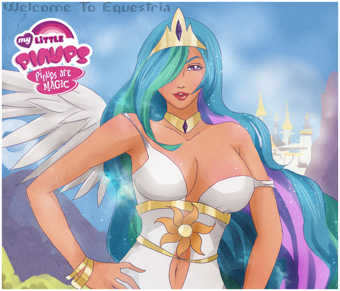 Size: 1089x935 | Tagged: artist:songoftheshoebox, breasts, busty princess celestia, cleavage, clothes, derpibooru import, female, hair over one eye, human, humanized, looking at you, off shoulder, pinup, princess celestia, safe, solo