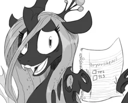 Size: 741x600 | Tagged: safe, artist:sunibee, derpibooru import, edit, queen chrysalis, changeling, changeling queen, bronybait, cute, cutealis, fangs, female, floppy ears, grin, image, monochrome, open mouth, paper, png, poll, simple background, smiling, solo