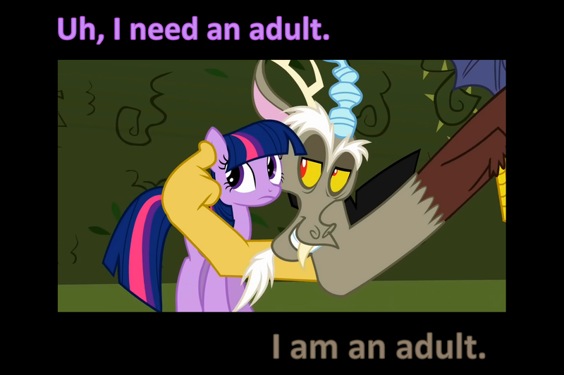 Size: 1611x1071 | Tagged: safe, derpibooru import, edit, edited screencap, screencap, discord, twilight sparkle, pony, unicorn, bedroom eyes, caption, female, i need an adult, male, mare, rapeface