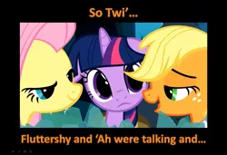 Size: 1577x1078 | Tagged: safe, derpibooru import, edit, edited screencap, screencap, applejack, fluttershy, twilight sparkle, earth pony, pegasus, pony, unicorn, appleshy, appletwishy, bedroom eyes, caption, female, lesbian, mare, shipping, twijack