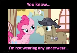 Size: 1556x1076 | Tagged: safe, derpibooru import, edit, edited screencap, screencap, cranky doodle donkey, pinkie pie, donkey, earth pony, pony, a friend in deed, bedroom eyes, clothes, female, flirting, hub logo, male, mare, ponyville, seduction, seductive, underwear, we don't normally wear clothes