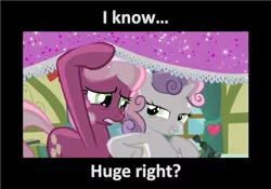 Size: 1536x1076 | Tagged: suggestive, derpibooru import, edit, edited screencap, screencap, cheerilee, sweetie belle, earth pony, pony, unicorn, bedroom eyes, caption, cheeribelle, female, filly, grin, implied foalcon, mare, nudge, out of context, ponyville schoolhouse, smiling