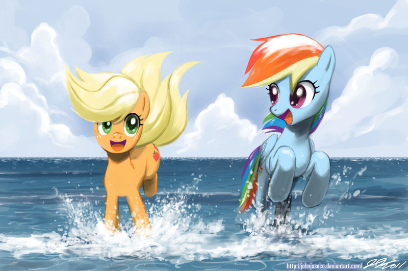 Size: 1800x1194 | Tagged: safe, artist:johnjoseco, derpibooru import, applejack, rainbow dash, earth pony, pegasus, pony, female, happy, mare, ocean, photoshop, water