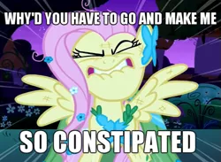Size: 655x480 | Tagged: safe, derpibooru import, edit, edited screencap, screencap, fluttershy, pegasus, pony, the best night ever, caption, constipated, eyes closed, female, flutterrage, image macro, lip bite, mare, solo, song reference, weird al yankovic