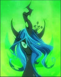 Size: 900x1139 | Tagged: safe, artist:oneeyedrobot, derpibooru import, queen chrysalis, changeling, changeling queen, bust, female, hair over one eye, image, looking at you, png, portrait, solo