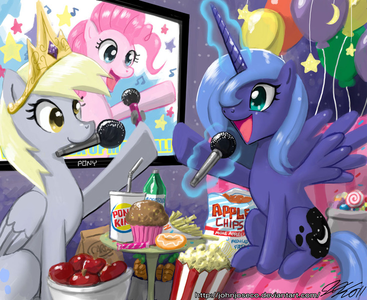 Size: 1200x982 | Tagged: safe, artist:johnjoseco, derpibooru import, derpy hooves, pinkie pie, princess luna, alicorn, pegasus, pony, accessory theft, balloon, female, food, karaoke, mare, muffin, photoshop, s1 luna, singing