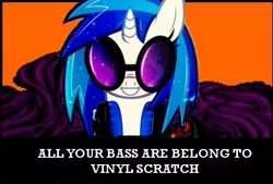 Size: 445x300 | Tagged: safe, derpibooru import, vinyl scratch, pony, unicorn, all your base are belong to us, female, grin, looking at you, mare, meme, smiling, solo, zero wing