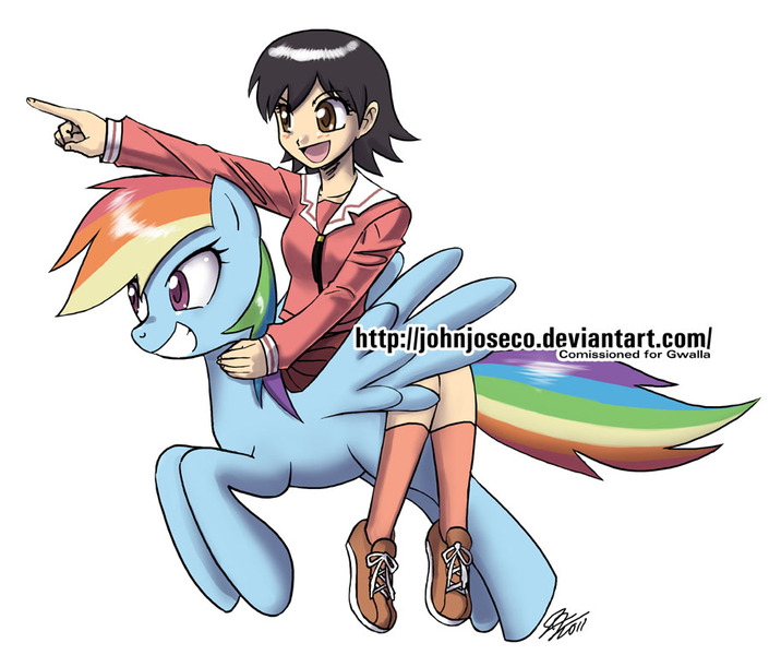 Size: 900x766 | Tagged: safe, artist:johnjoseco, derpibooru import, rainbow dash, pegasus, pony, azumanga daioh, crossover, female, humans riding ponies, mare, photoshop, pointing, riding, simple background, takino tomo, watermark, white background