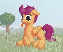 Size: 1474x1200 | Tagged: safe, artist:lurarin, derpibooru import, scootaloo, pegasus, pony, female, filly, floppy ears, grass, prone, smiling, solo, tongue out