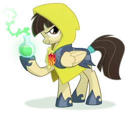 Size: 2100x1900 | Tagged: safe, artist:equestria-prevails, derpibooru import, wild fire, pegasus, pony, alchemist, alchemy, armor, badge, female, flask, game of thrones, hood, mare, profile, pun, simple background, smiling, smirk, solo, transparent background
