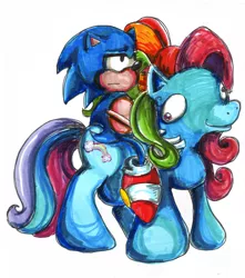 Size: 600x679 | Tagged: dead source, safe, artist:hayhedgehoghay, derpibooru import, rainbow dash, pony, crossover, derp, duo, female, g3.5, mare, riding, sonic the hedgehog, sonic the hedgehog (series)
