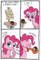 Size: 500x720 | Tagged: safe, artist:kturtle, derpibooru import, pinkie pie, earth pony, pony, comic, female, hilarious in hindsight, mare, pinkie being pinkie, rubik's cube, solo, tongue out