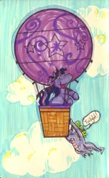 Size: 677x1106 | Tagged: safe, artist:hayhedgehoghay, derpibooru import, spike, twilight sparkle, dragon, pony, unicorn, balloon, cloud, duo, female, hanging, hot air balloon, male, mare, sky, traditional art, twinkling balloon