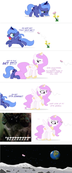 Size: 1419x3368 | Tagged: dead source, safe, artist:flausch-katzerl, derpibooru import, princess celestia, princess luna, alicorn, butterfly, pony, ..., cewestia, close-up, comic, cute, earth, face down ass up, female, filly, flower, glare, hiding, looking back, lunabetes, moon, nightmare fuel, open mouth, pink-mane celestia, planet, raised hoof, running, scared, simple background, smiling, smirk, space, spongebob squarepants, spread wings, to the moon, transparent background, wide eyes, woona, wormy, younger