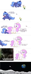 Size: 1419x3368 | Tagged: dead source, safe, artist:flausch-katzerl, derpibooru import, princess celestia, princess luna, alicorn, butterfly, pony, ..., cewestia, close-up, comic, cute, earth, face down ass up, female, filly, flower, glare, hiding, looking back, lunabetes, moon, nightmare fuel, open mouth, pink-mane celestia, planet, raised hoof, running, scared, simple background, smiling, smirk, space, spongebob squarepants, spread wings, to the moon, transparent background, wide eyes, woona, wormy, younger
