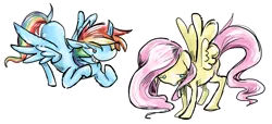 Size: 1406x640 | Tagged: safe, artist:hayhedgehoghay, derpibooru import, fluttershy, rainbow dash, pegasus, pony, duo, duo female, female, flying, grin, looking down, mare, no pupils, smiling