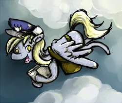 Size: 714x600 | Tagged: safe, artist:hayhedgehoghay, derpibooru import, derpy hooves, pegasus, pony, colored pupils, female, flying, hat, mail, mailbag, mare, package, solo