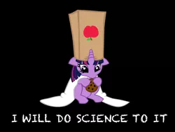 Size: 800x600 | Tagged: artist needed, safe, derpibooru import, twilight sparkle, pony, unicorn, adorkable, black background, clothes, cookie, crossover, cute, dork, dresden codak, female, filly, filly twilight sparkle, floppy ears, foal, lab coat, paper bag, science, scientist, simple background, sitting, solo, younger